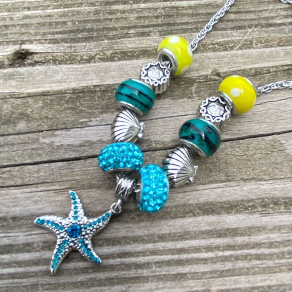Starfish Summer crystal charm bead necklace sea shell Sun beads blue yellow - Picture 2 of 6